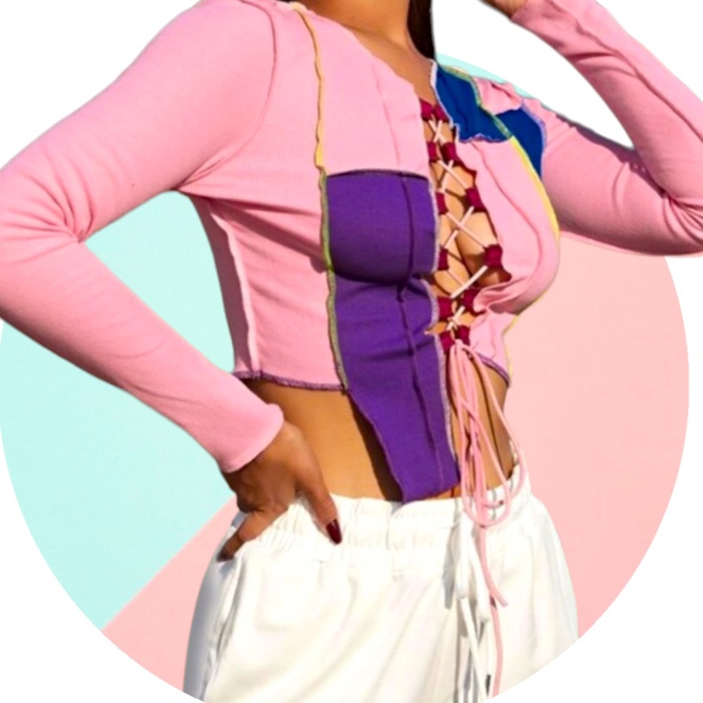 Shein Sexy Contrast Stitch Long Sleeve Lace-up Crop Top